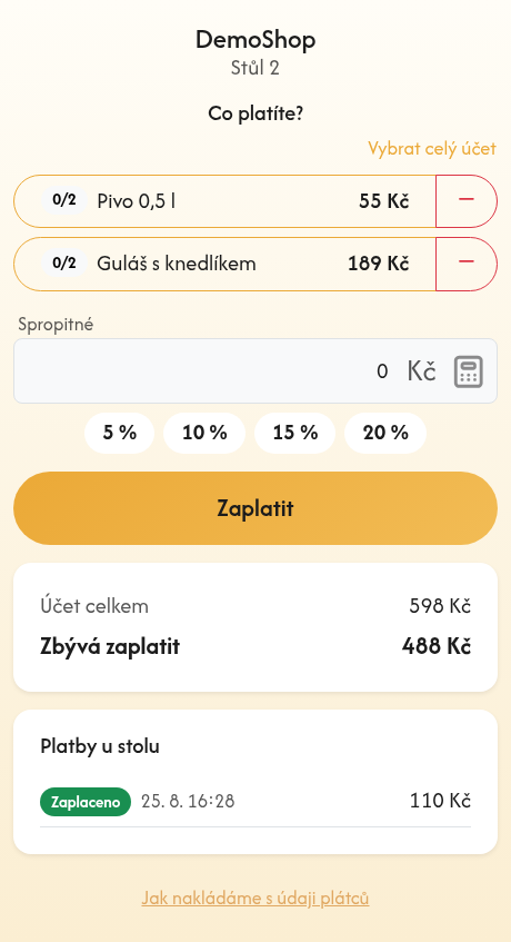 Telefon hosta: výběr položek ze společného účtu, spropitné a tlačítko Zaplatit