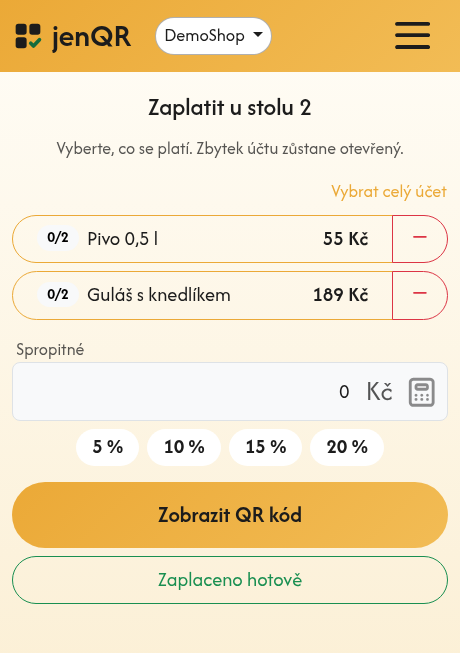 Výběr položek k zaplacení se spropitným