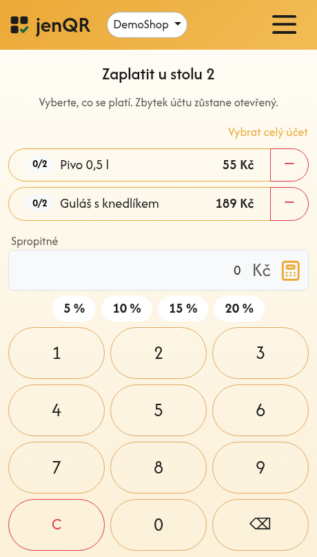 Výběr položek k zaplacení se spropitným