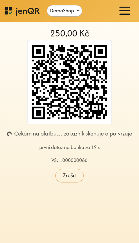 Obrazovka s QR kódem a odpočtem