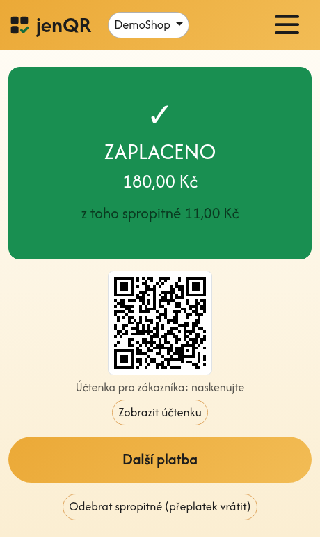 Obrazovka Zaplaceno s QR kódem účtenky