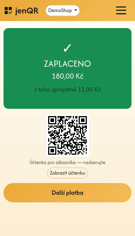 Obrazovka Zaplaceno s QR kódem účtenky