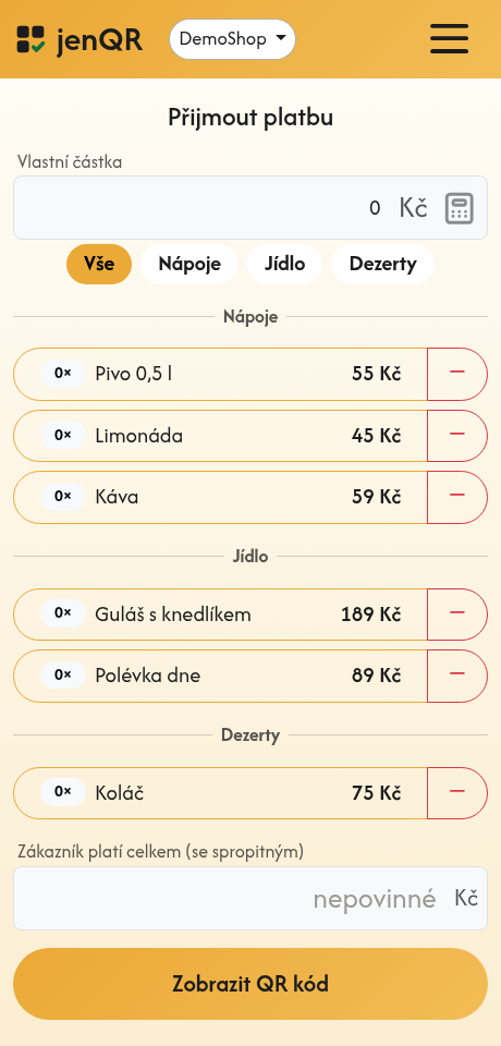 Pokladna s vlastní částkou a ceníkem