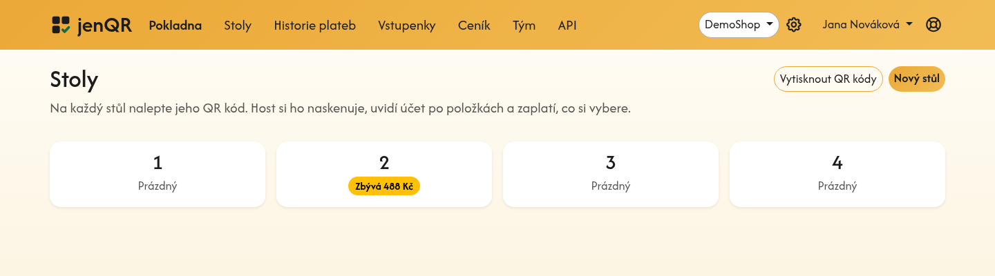 Přehled stolů v jenQR: u stolu 2 zbývá zaplatit 488 Kč, ostatní jsou prázdné