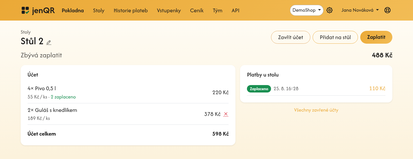 Detail účtu stolu s položkami, zaplacenými kusy a seznamem plateb u stolu