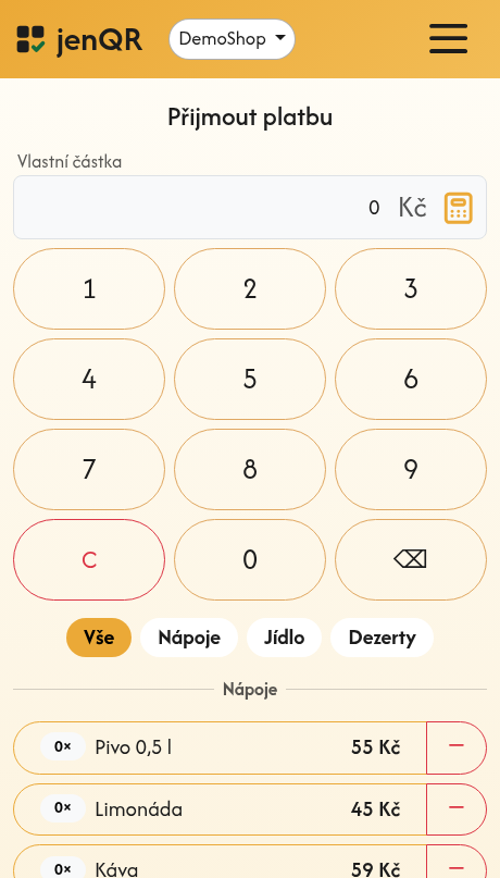 Terminál s numpadem a ceníkem