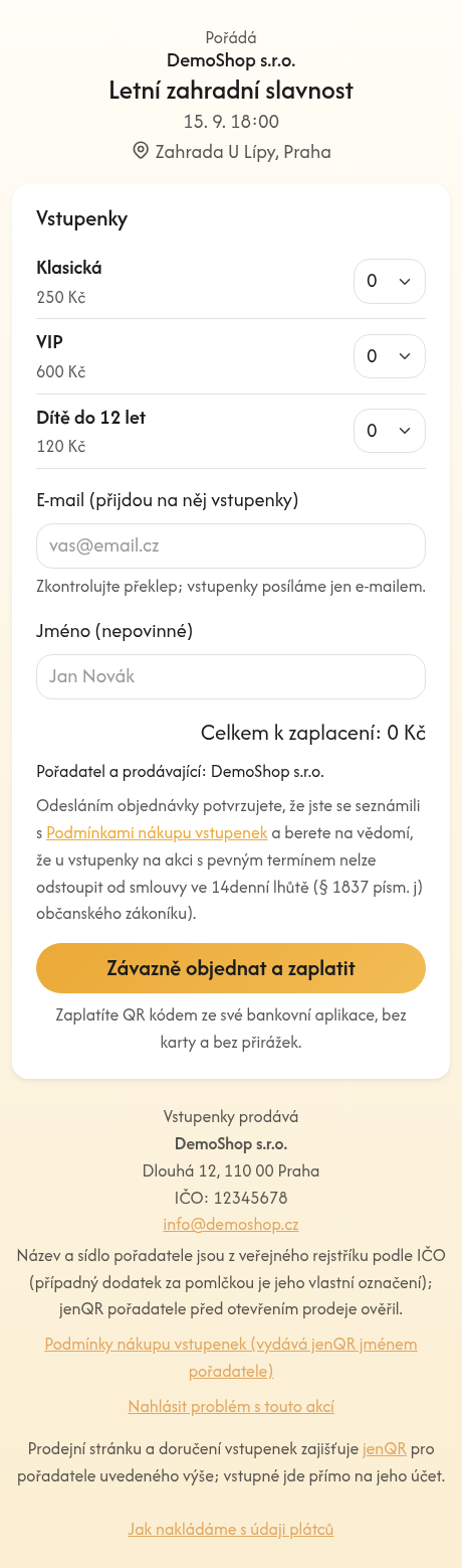 Veřejná prodejní stránka akce s kategoriemi vstupenek a QR platbou
