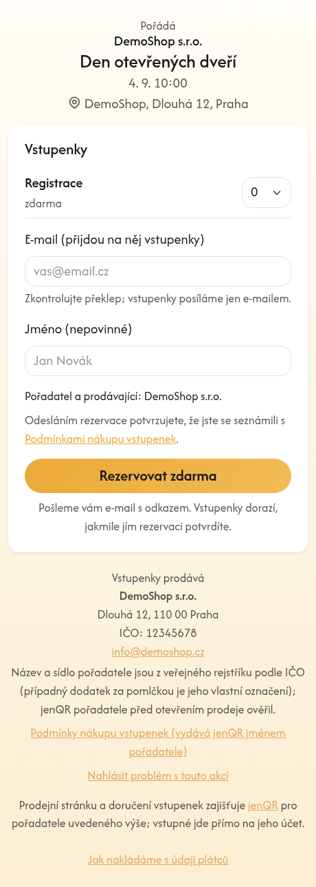 Veřejná stránka akce zdarma